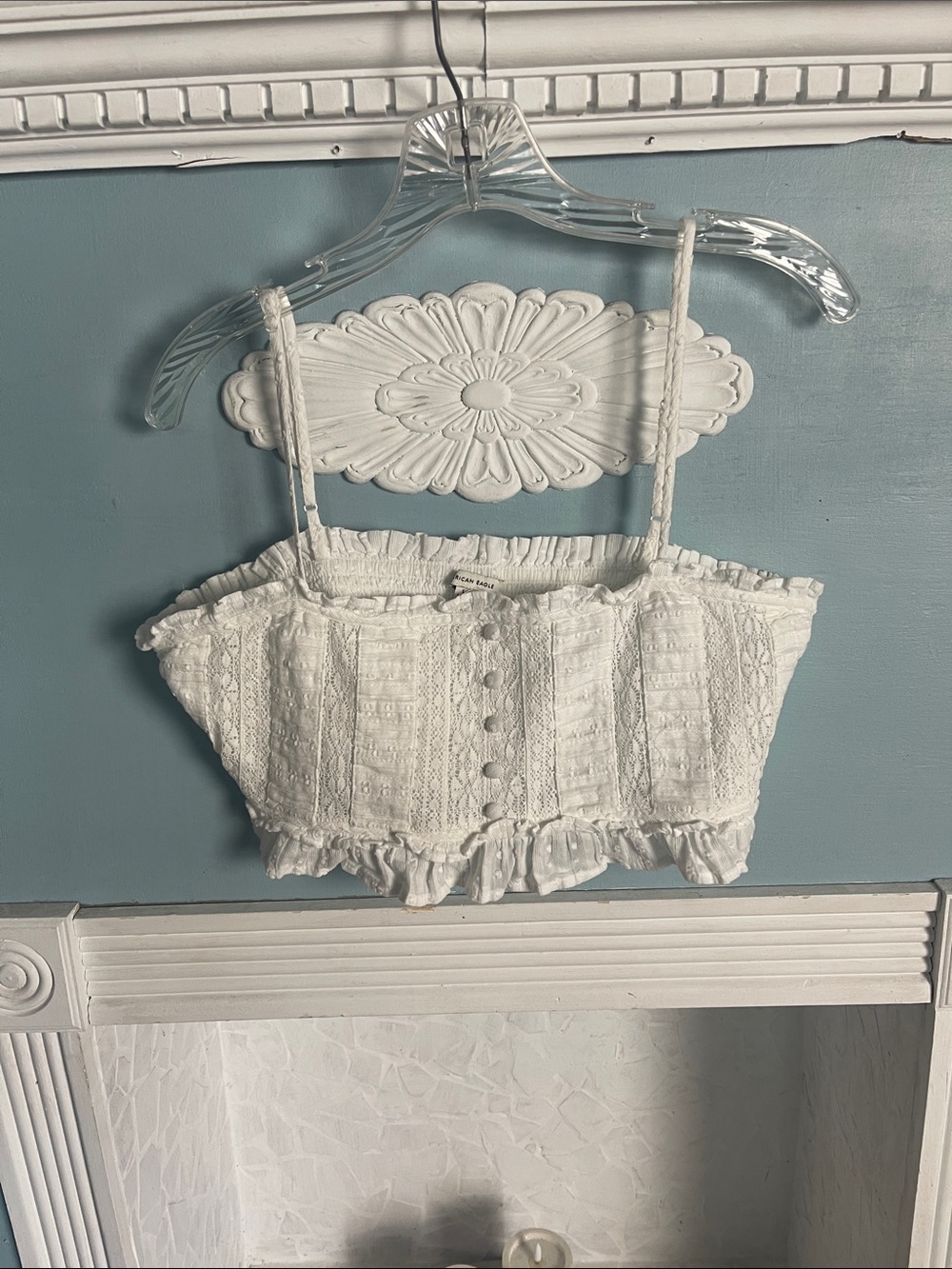 American Eagle White Smocked Lace  Cropped Cami Top